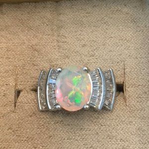 Ethiopian Opal and white topaz ring Sz 7